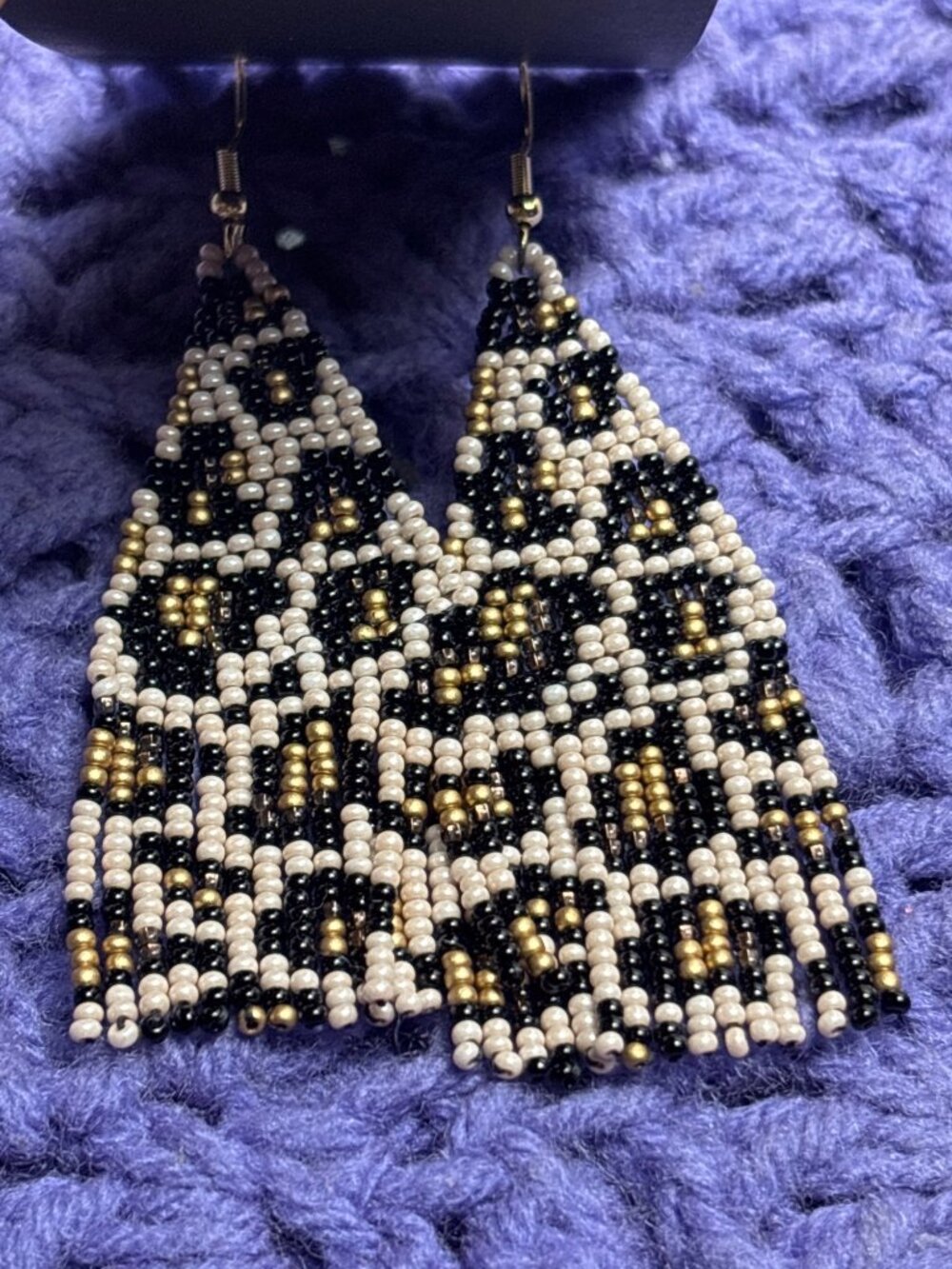 Leopard Print Seed Bead Fringe Dangle Earrings 2.75 inches - Picture 3 of 3